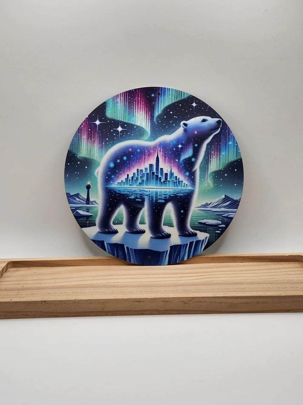 Aurora Polar Bear Northern Lights Cityscape Round Metal Wall Sign